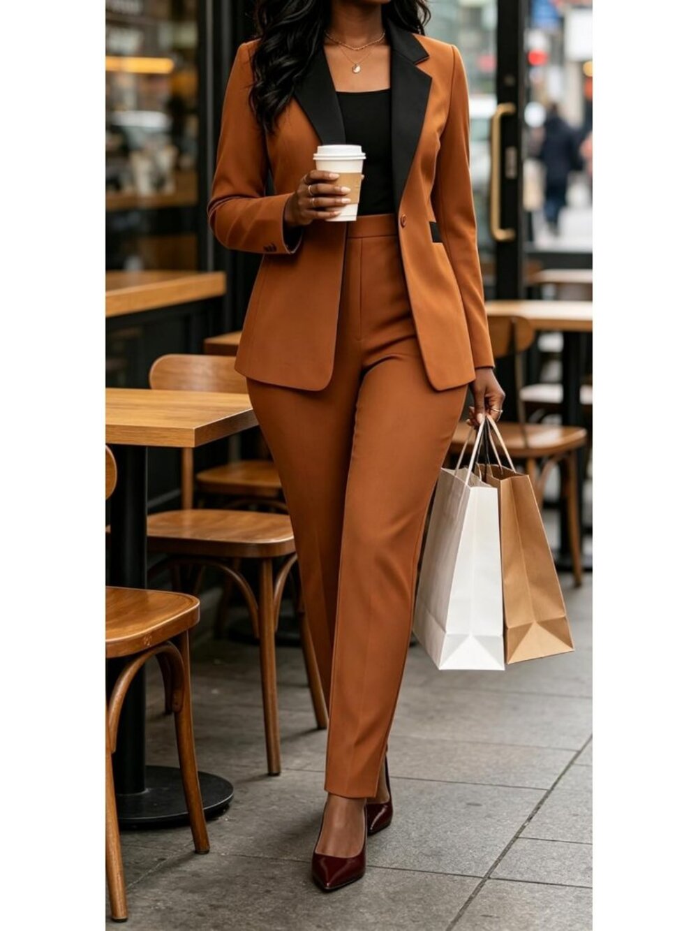 Chic Women's Blazer & High Waisted Straight Leg Pants Set - Dressy Casual Outfit - Picture 4 of 7